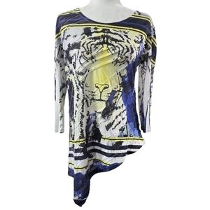 Jess & Jane Tiger Tunic White Blue Yellow Asymmetrical Hem Artsy Art to Wear